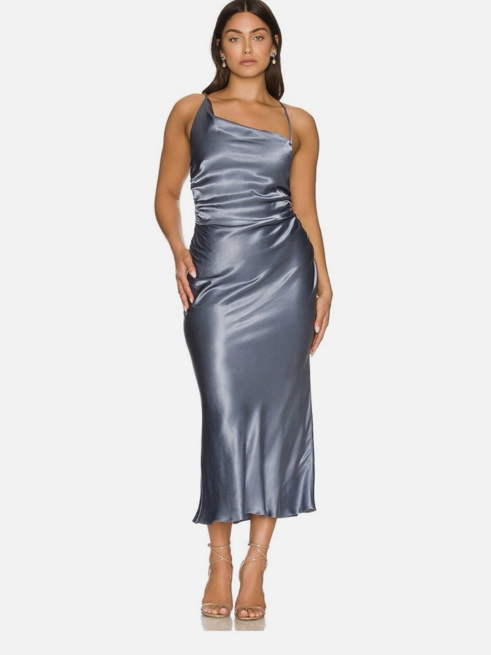 Shona Joy La Lune Asymmetrical Bias Cowl MIDI Dress Smoke Blue